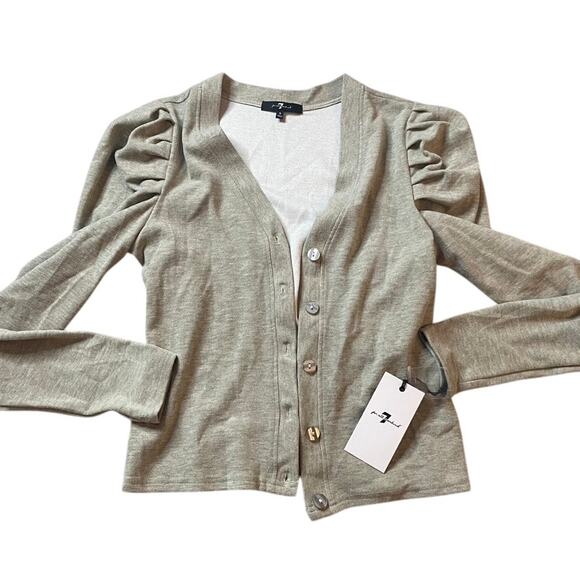 7 FOR ALL MANKIND Puff‎ Sleeve Button Up Cardigan Sweater Small Taupe Cream NWT - Picture 1 of 6